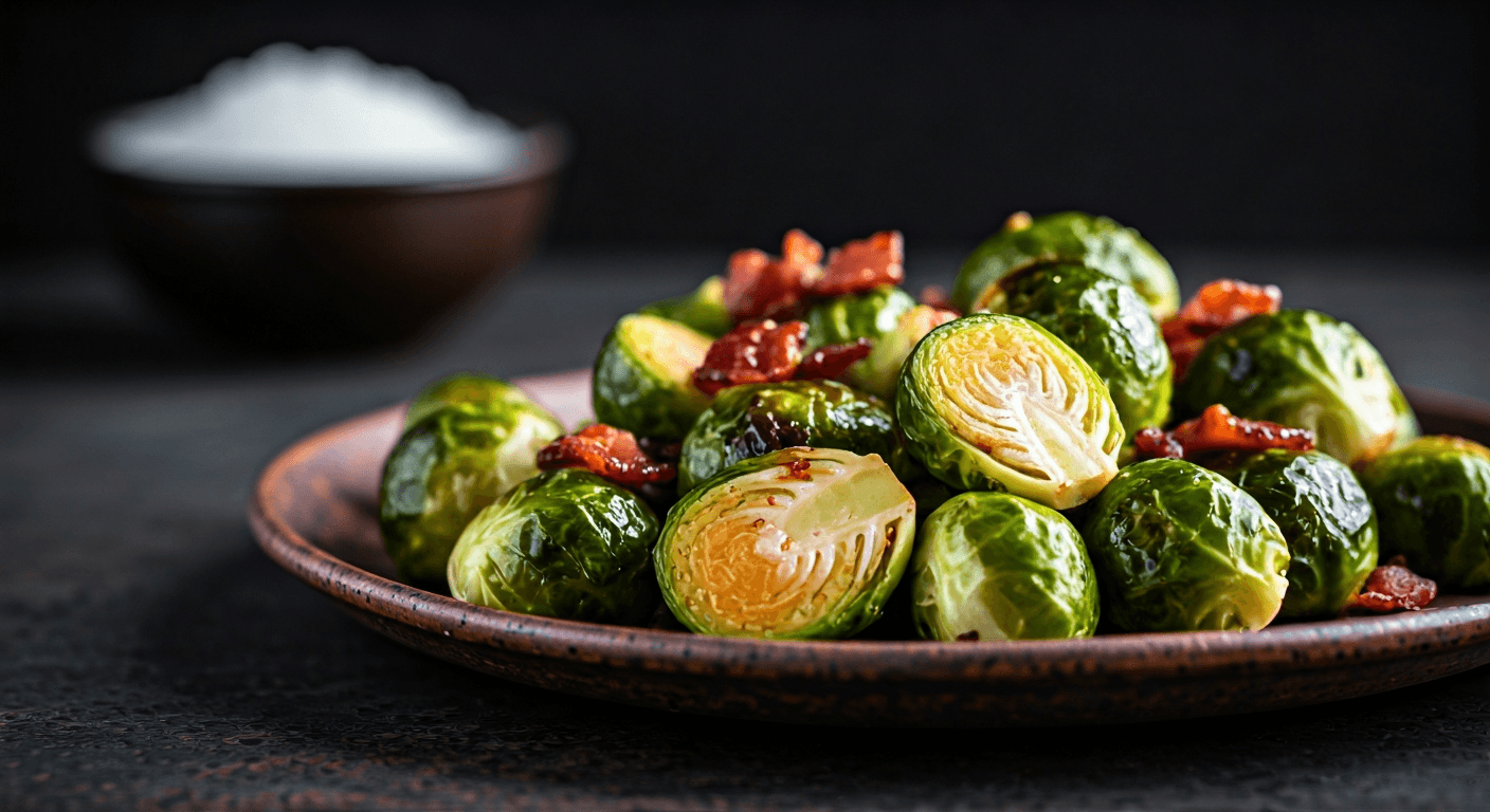 Roasted Brussels Sprouts with Crispy Bacon & Maple Glaze