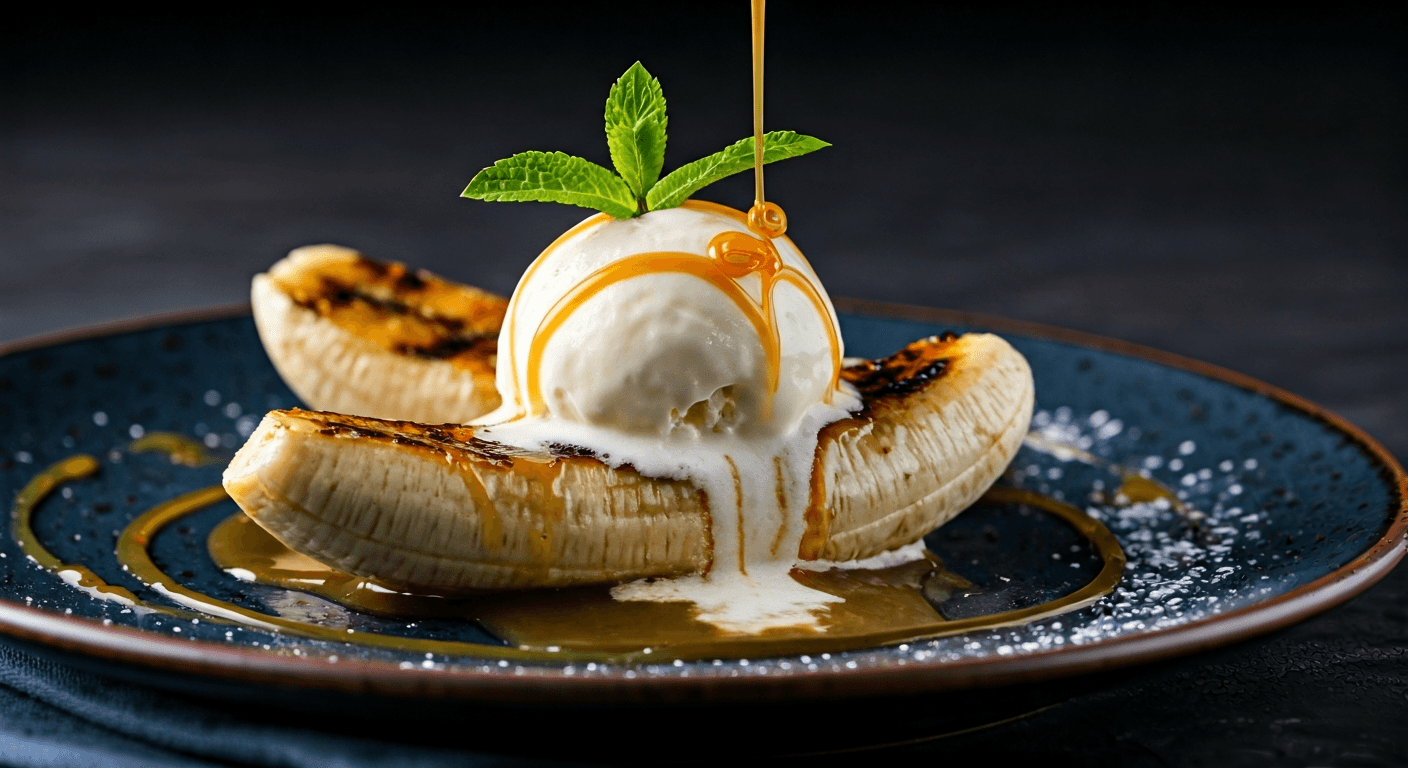 Grilled Bananas with Rum Caramel Sauce & Vanilla Ice Cream